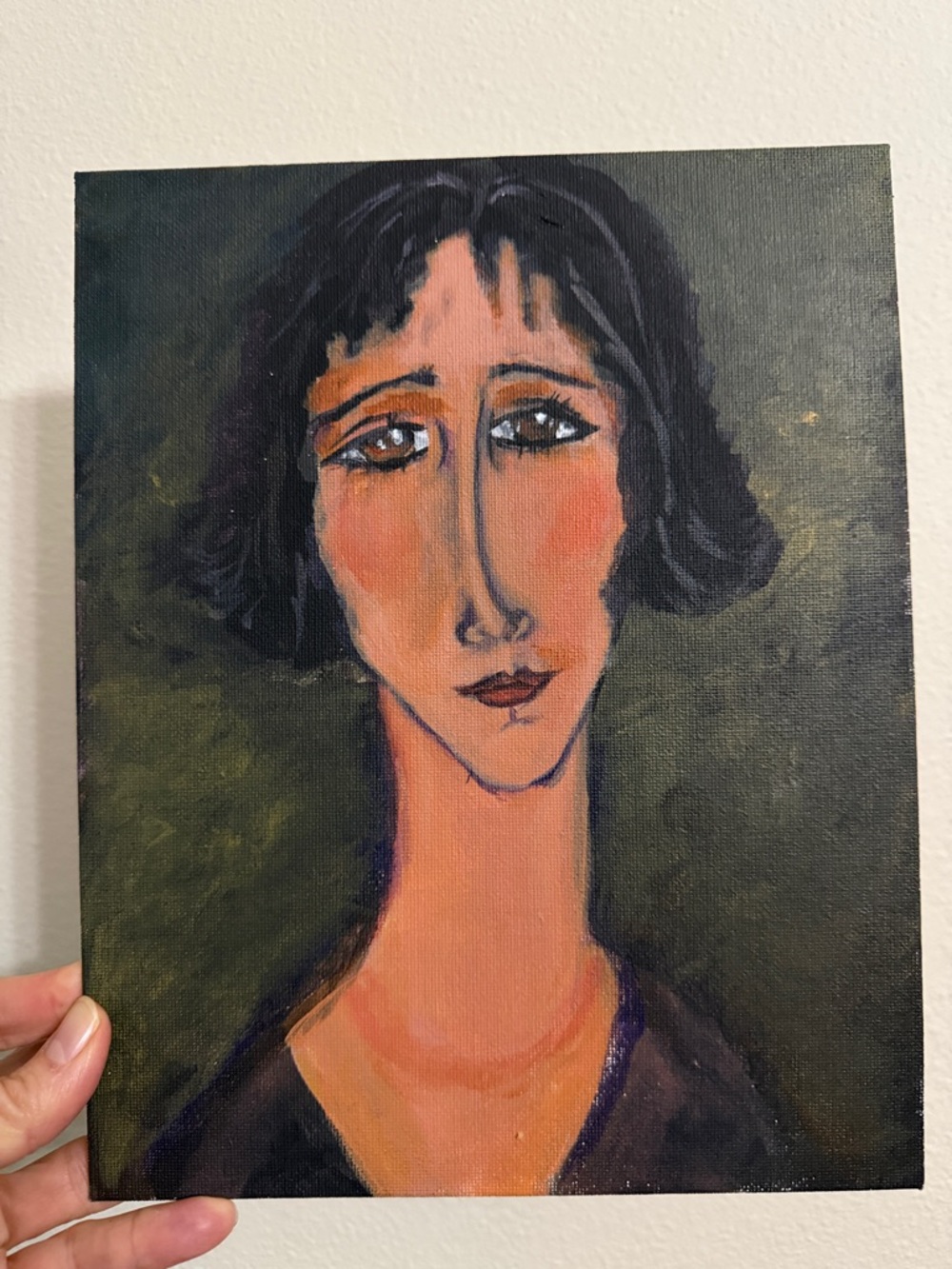 Hand-Painted Portrait in Green and Peach Tones inspired by Amedeo Modigliani. - Picture 2 of 5